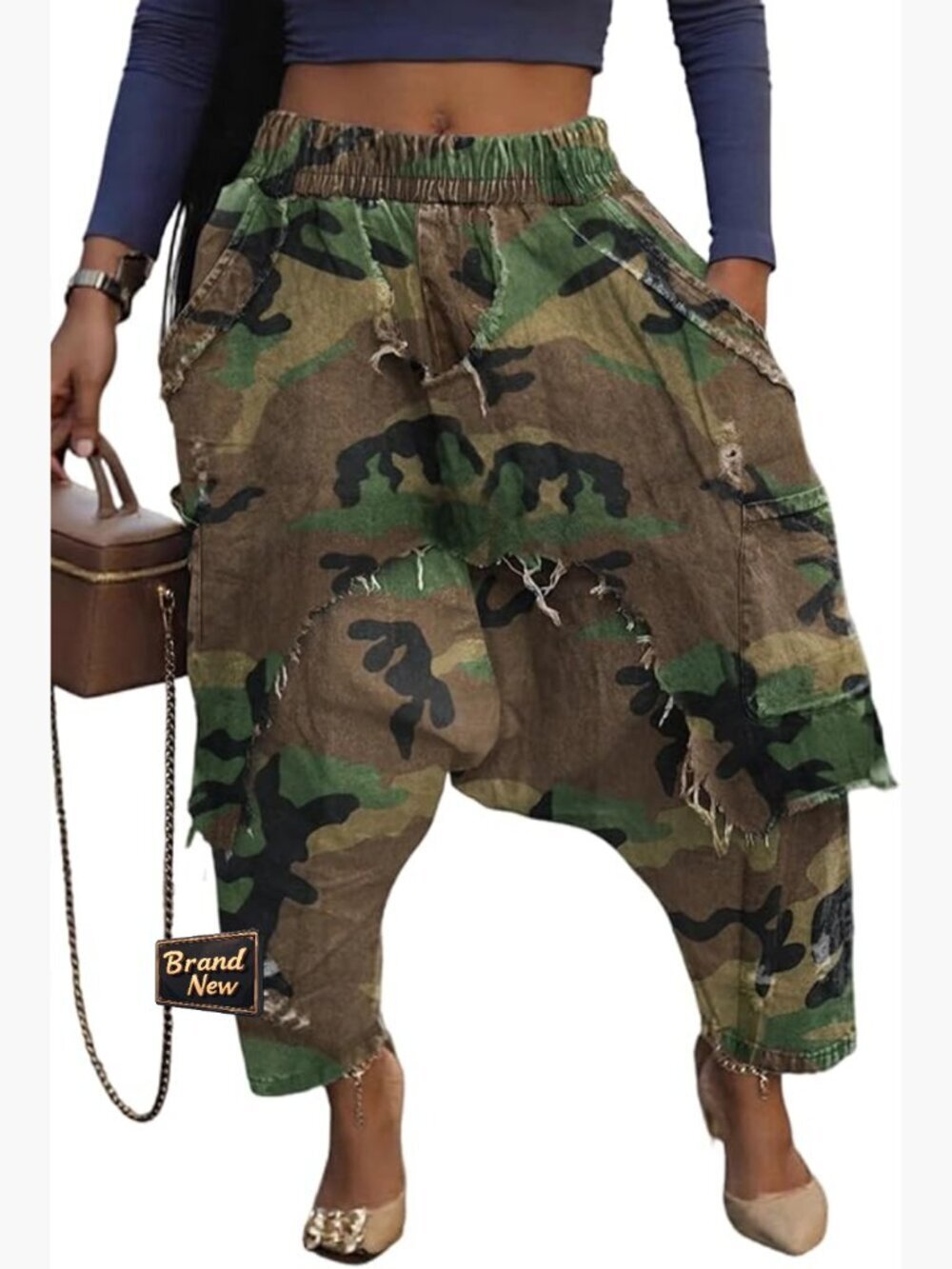 Harem Denim Pants Elastic High Waist Raw Trim Patchwork Boyfriend Wide Leg Jeans